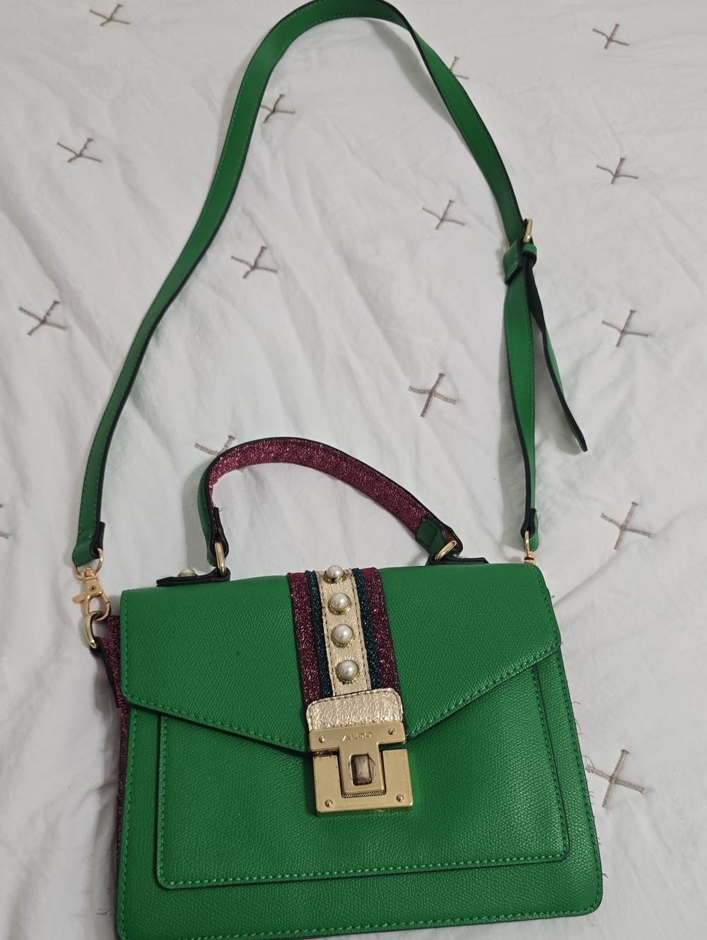 Aldo Green Leather Crossbody Top-Handle Bag with Pearl-Trim and Gold Lock